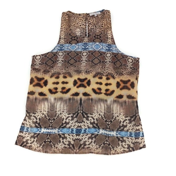 1. State Womens Tank Top Brown Animal Print Crew Neck Keyhole Button M - Picture 1 of 7